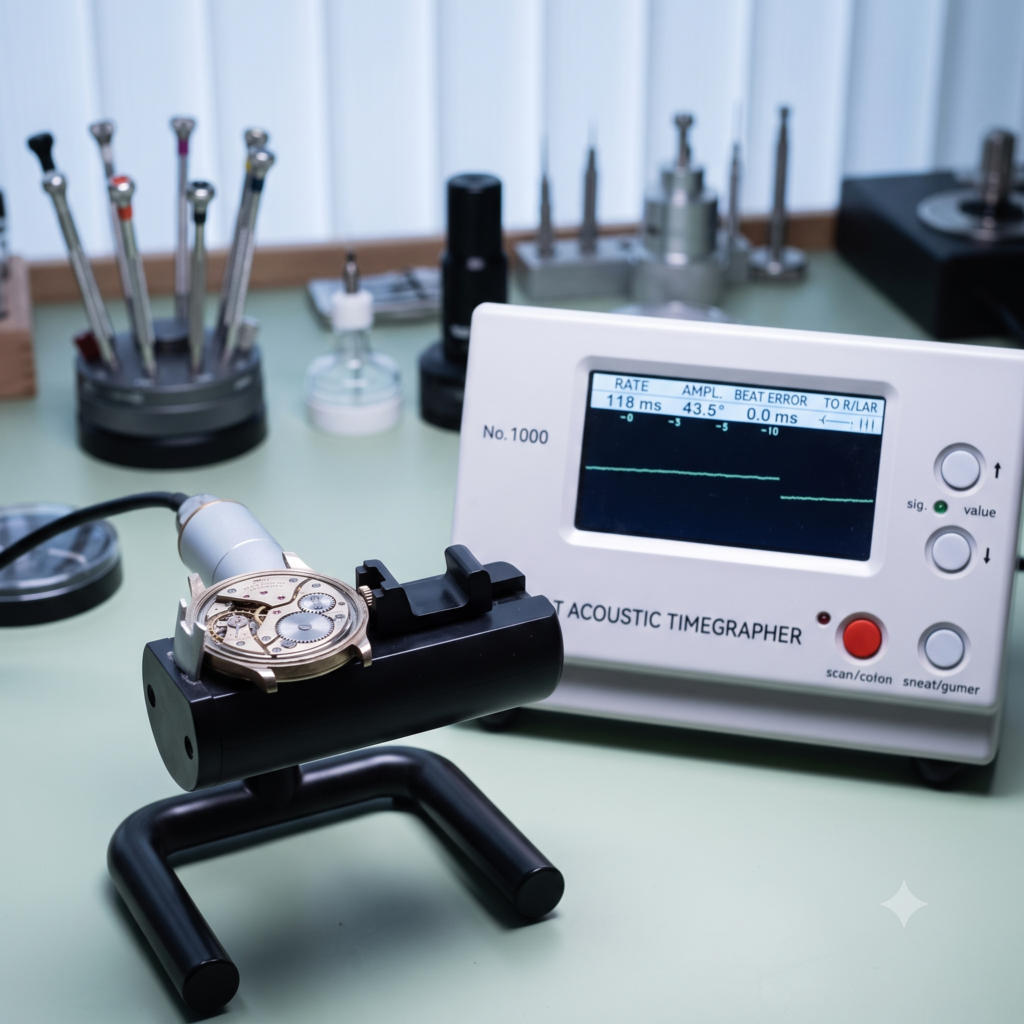 Horology timegrapher mechanical movement amplitude and beat error diagnostics
