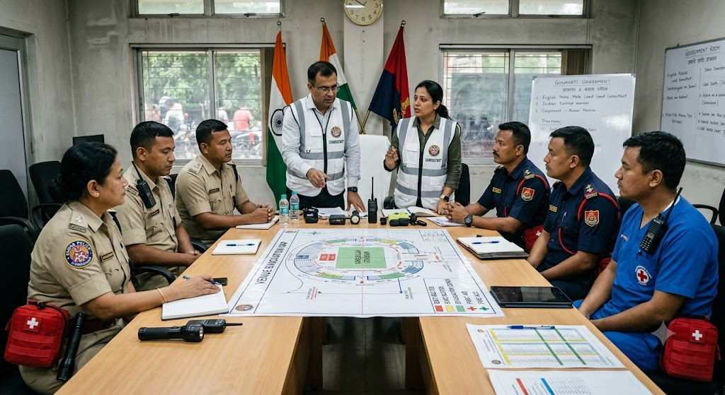 Joint emergency response briefing between police, fire, medical services, and safety directors