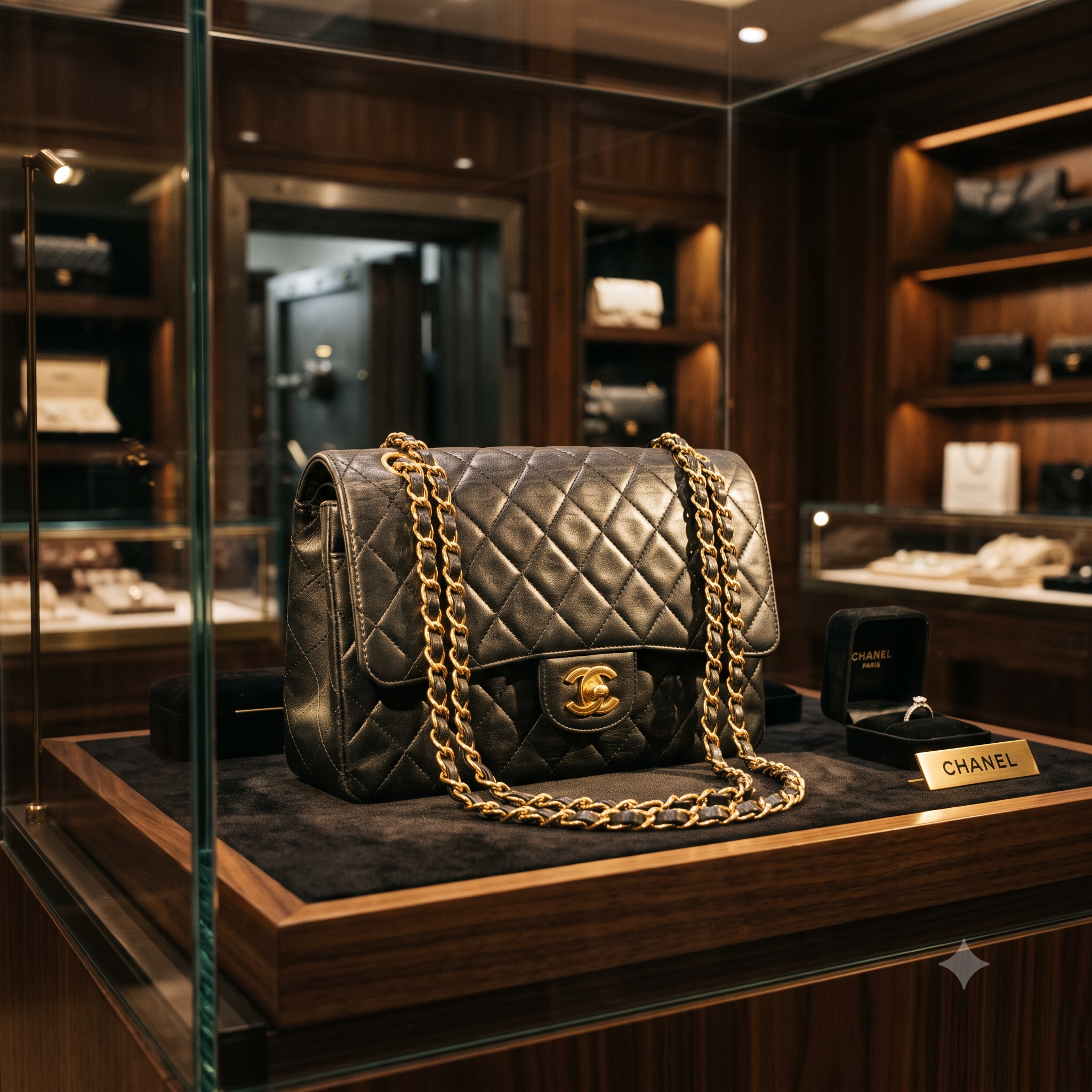 Authenticated vintage Chanel quilted lambskin handbag displayed inside the Schmickup Luxury Vault in Guwahati