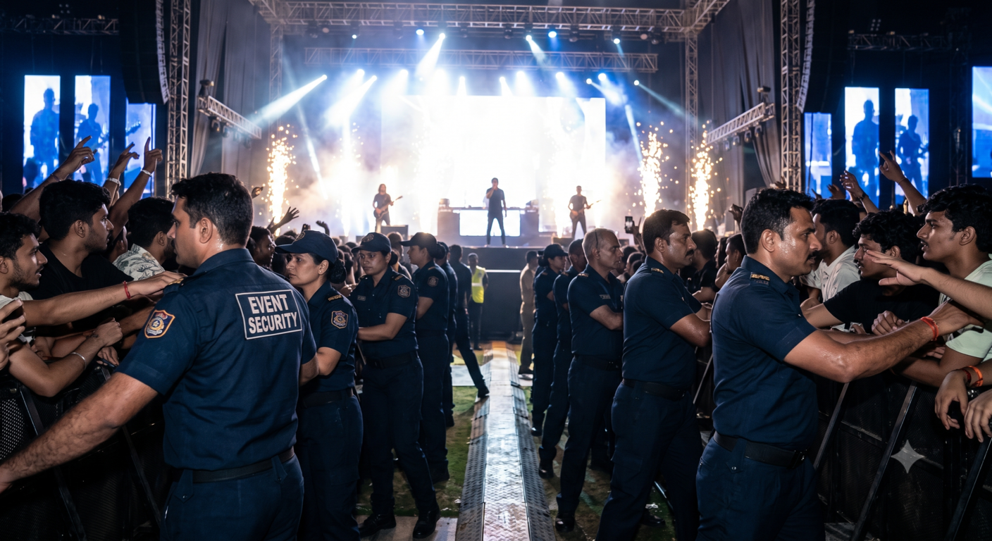 Front-of-stage pit safety team protecting a concert crowd