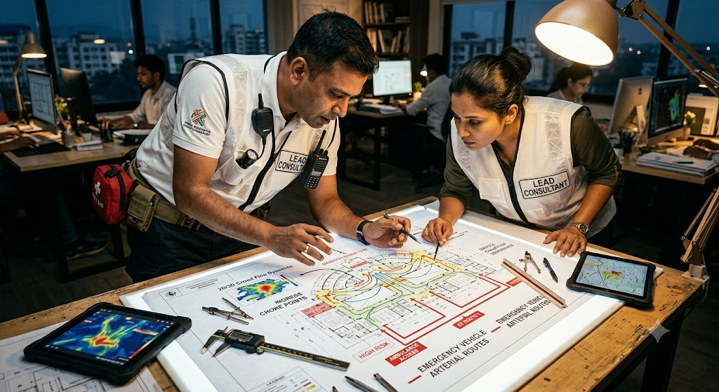 Lead crowd safety engineers analyzing stadium CAD architectural ingress blueprints and evacuation flow rate modeling