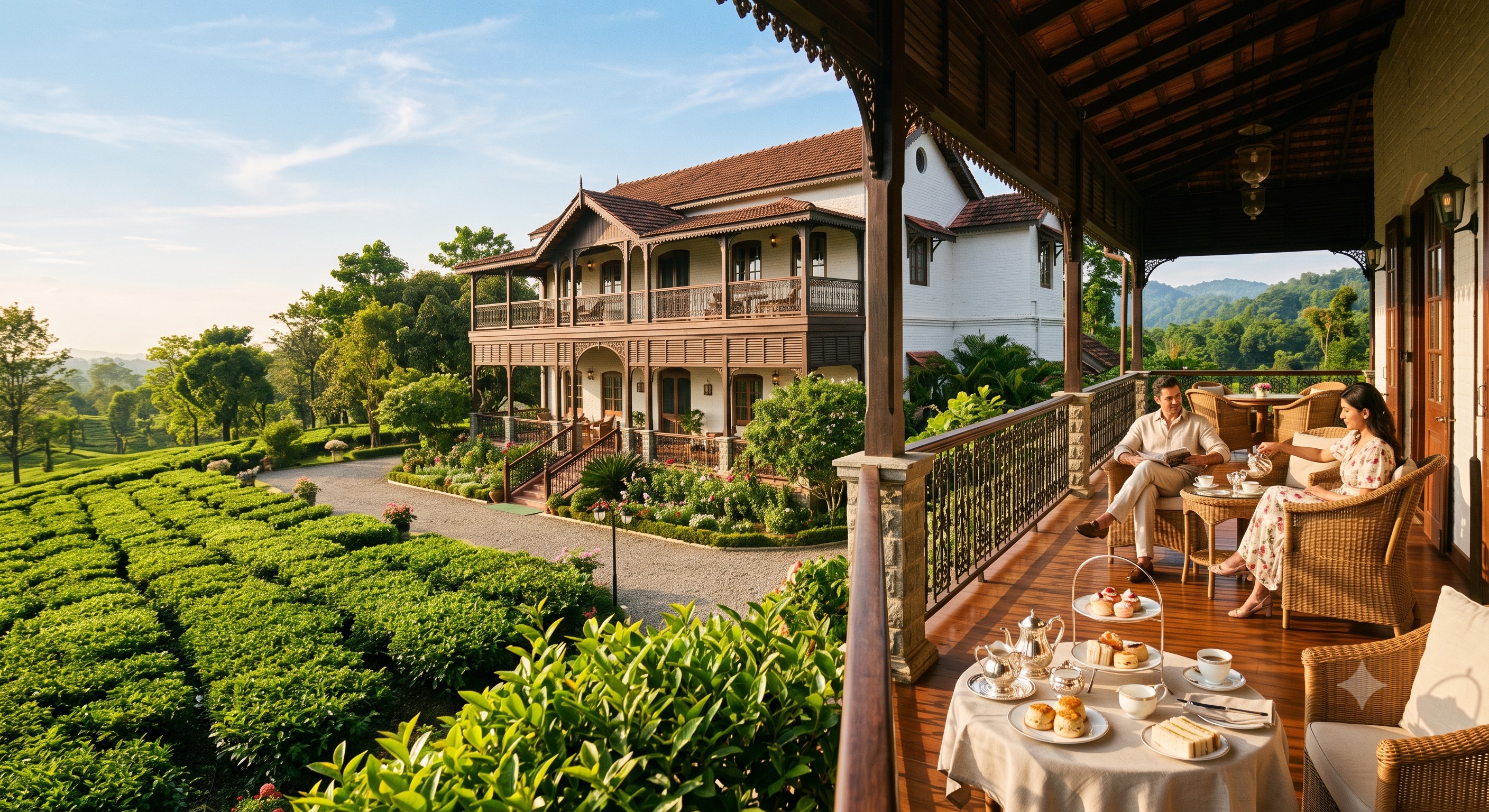 Colonial heritage tea planter bungalow veranda and gardens in Assam