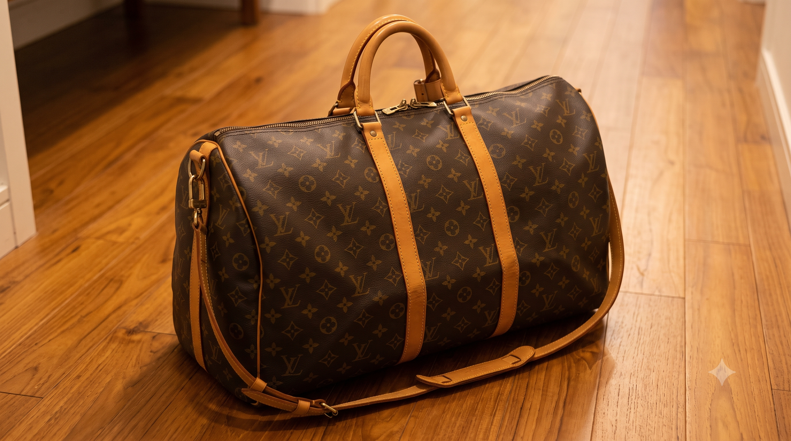 Vintage Louis Vuitton monogram Keepall 55 travel bag with verified patina