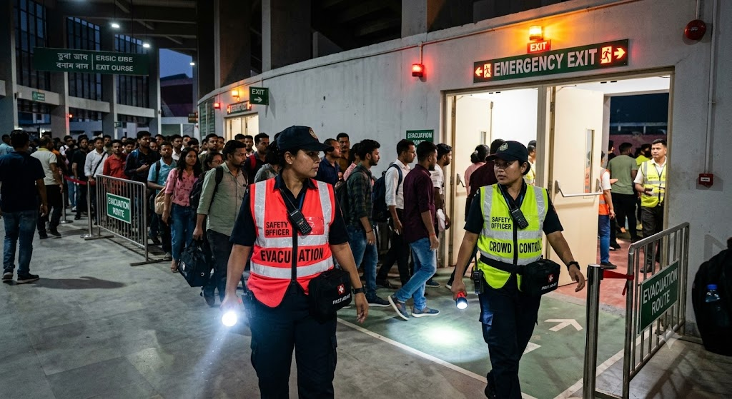 Stadium emergency exit corridor clearance audit and mass evacuation drill execution