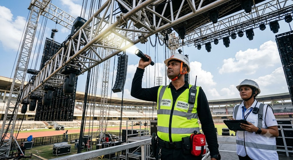 Structural engineer inspecting concert stage overhead truss rigging and load-bearing points
