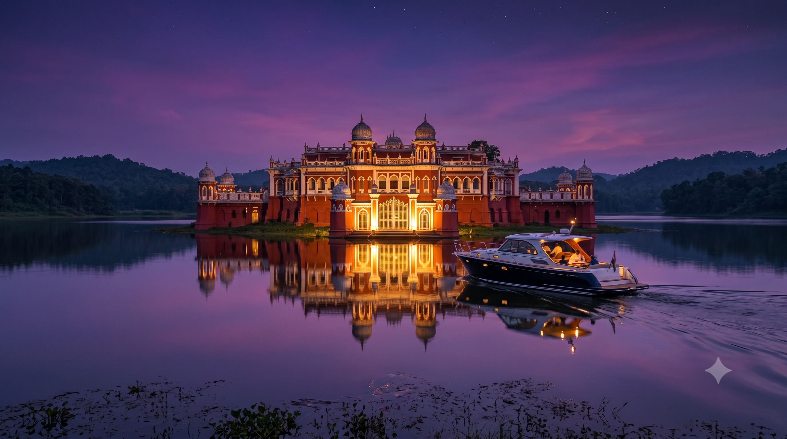Private sunset boat transit to Neermahal Water Palace