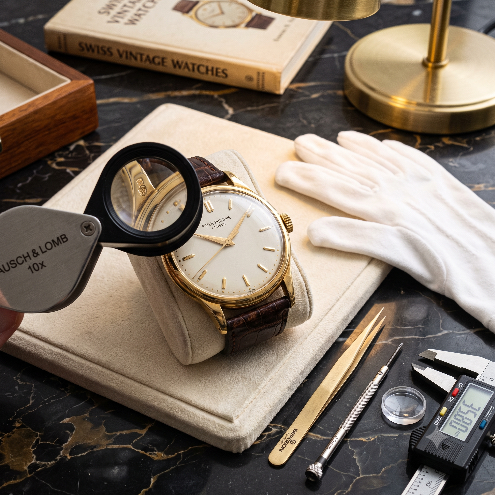 Master appraiser performing mechanical movement inspection on a vintage Rolex Submariner luxury timepiece