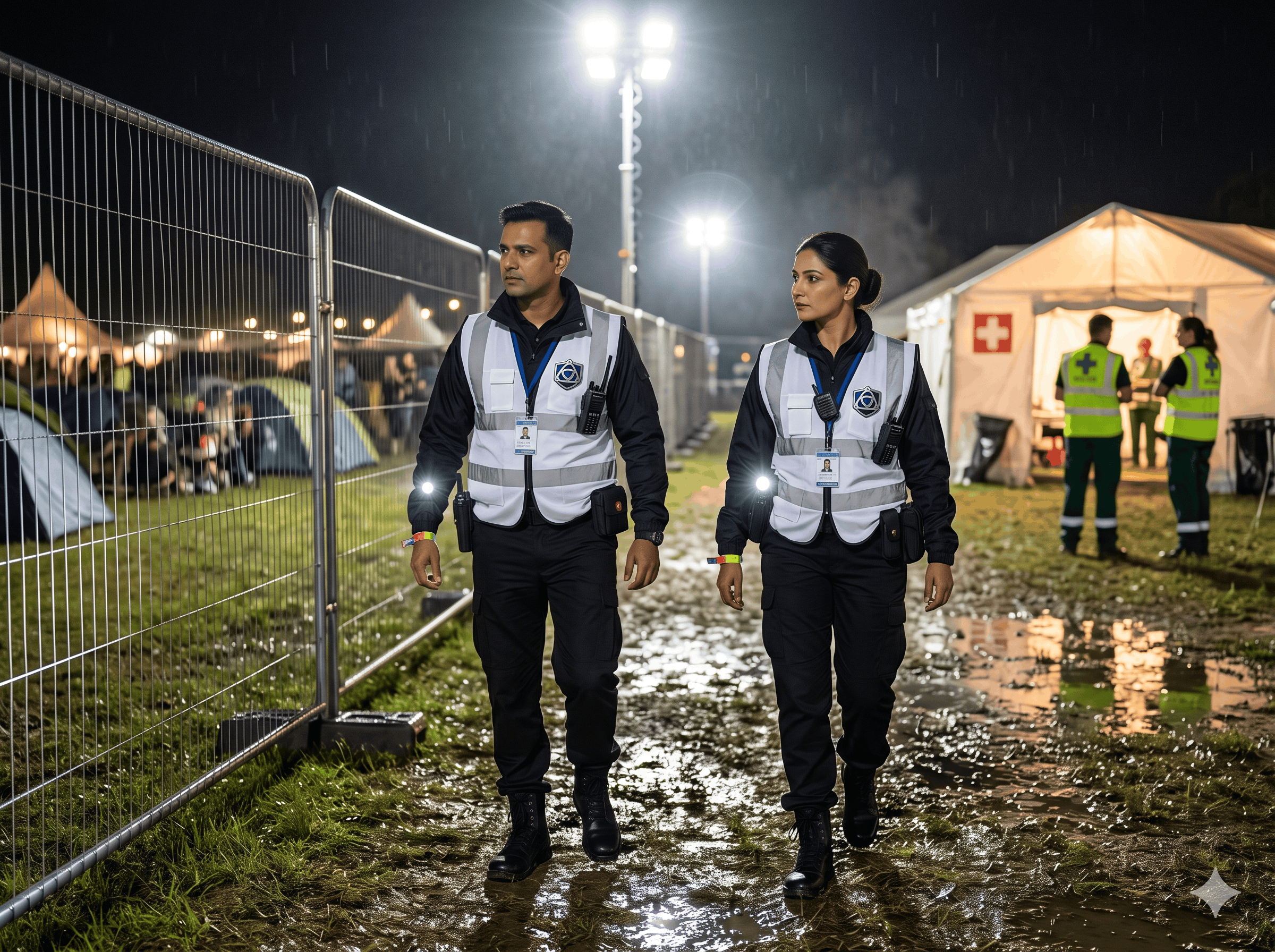 Nighttime campsite patrol and lighting inspection at a music festival