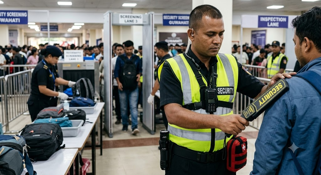 High-throughput walkthrough metal detector screening lanes and baggage inspection cordon