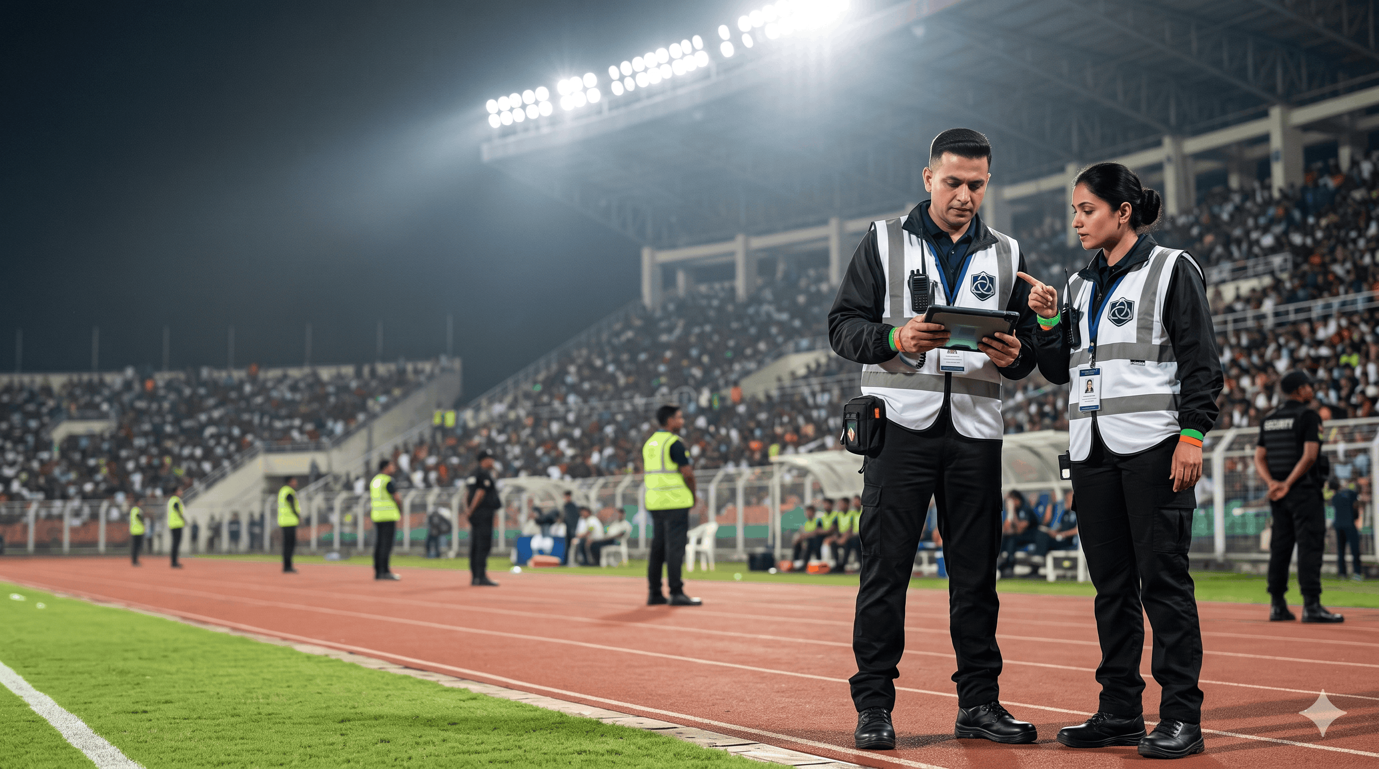 Security teams along the field perimeter of a floodlit stadium grandstand in the evening