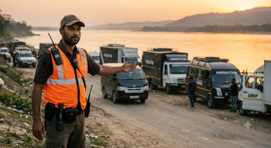 Remote film production secure logistics transport convoy operating across Northeast India