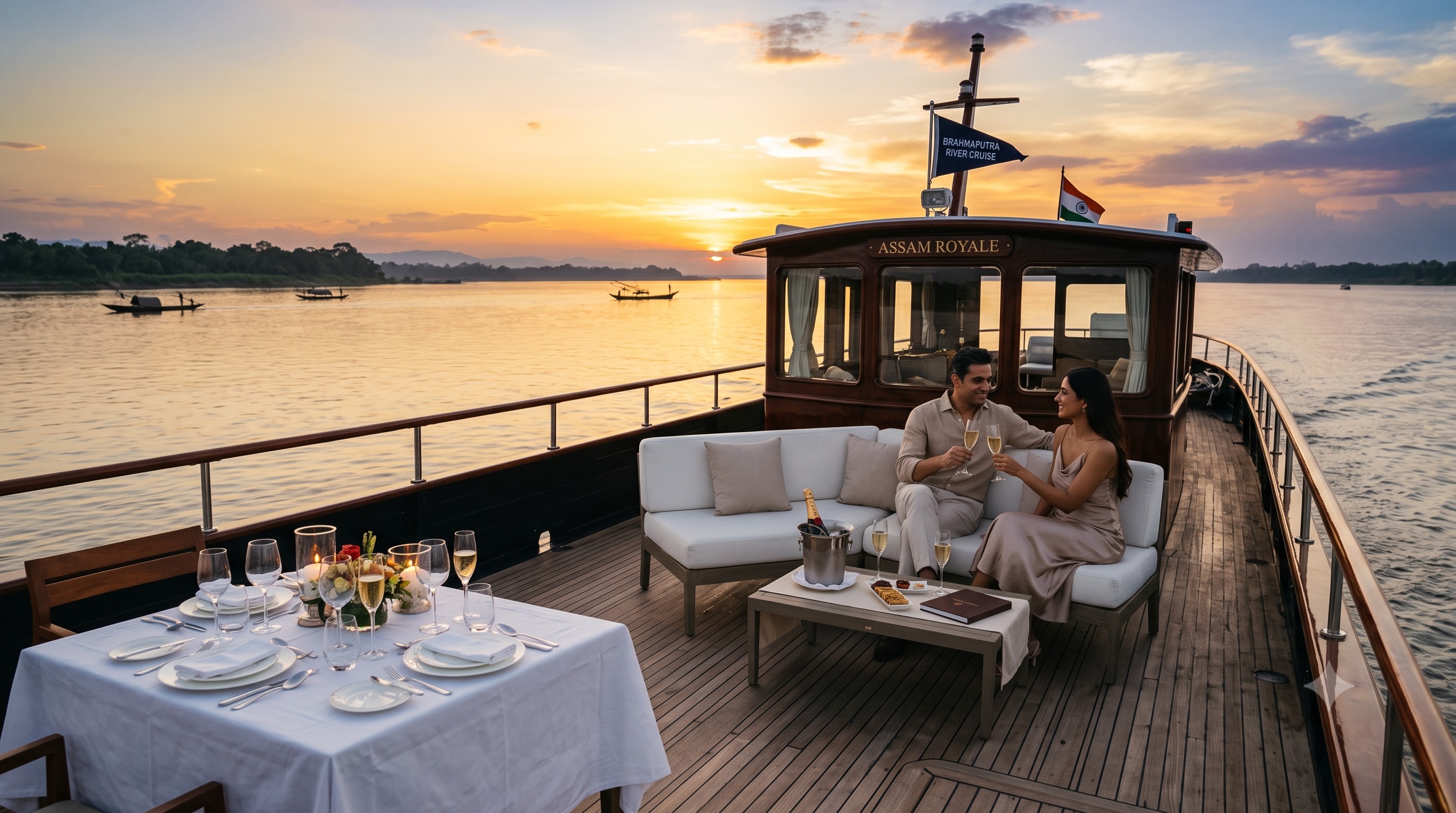 Signature chartered Brahmaputra river cruise at sunset