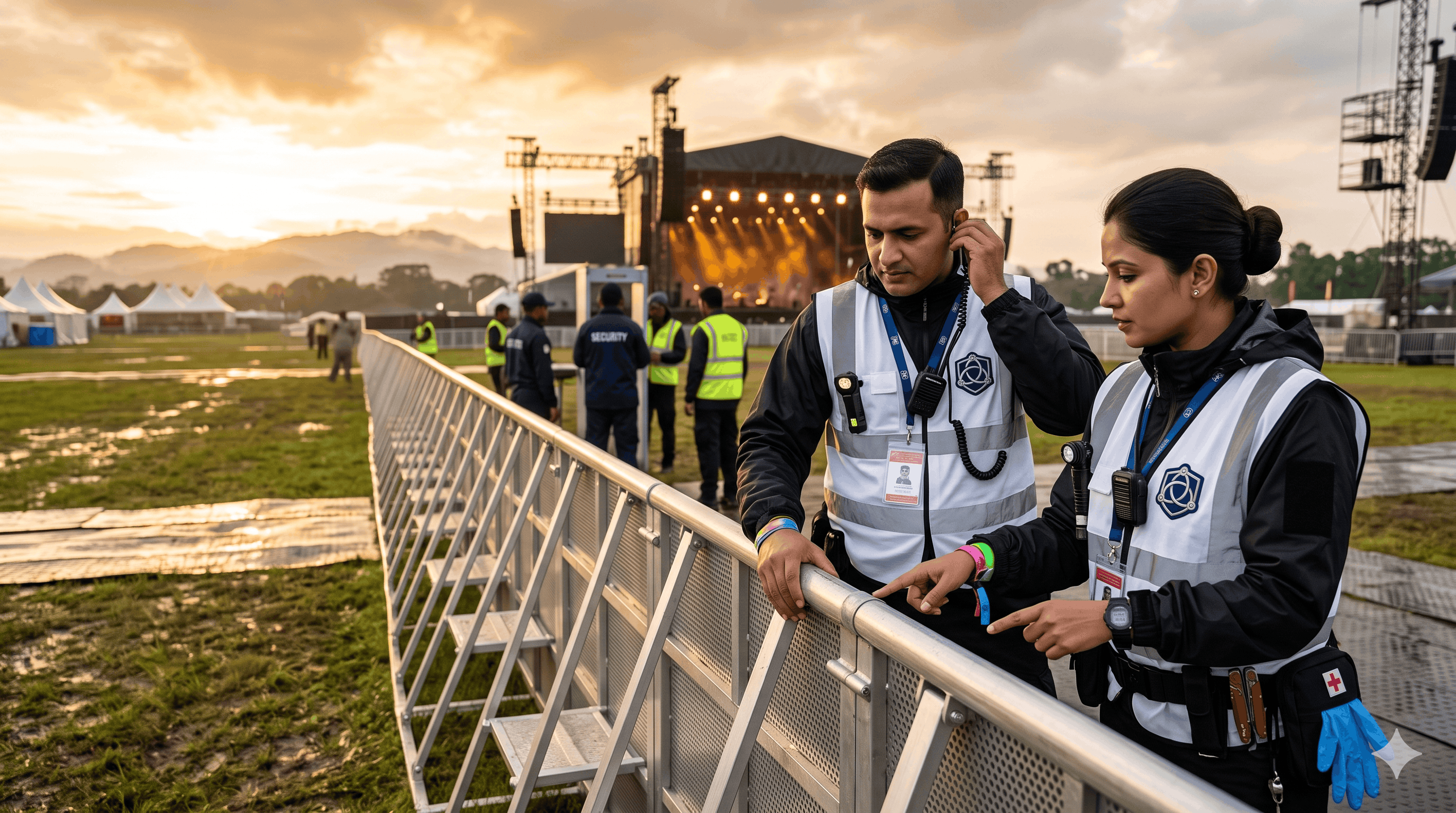 Main stage barrier and perimeter control at a music festival at golden hour in the monsoon