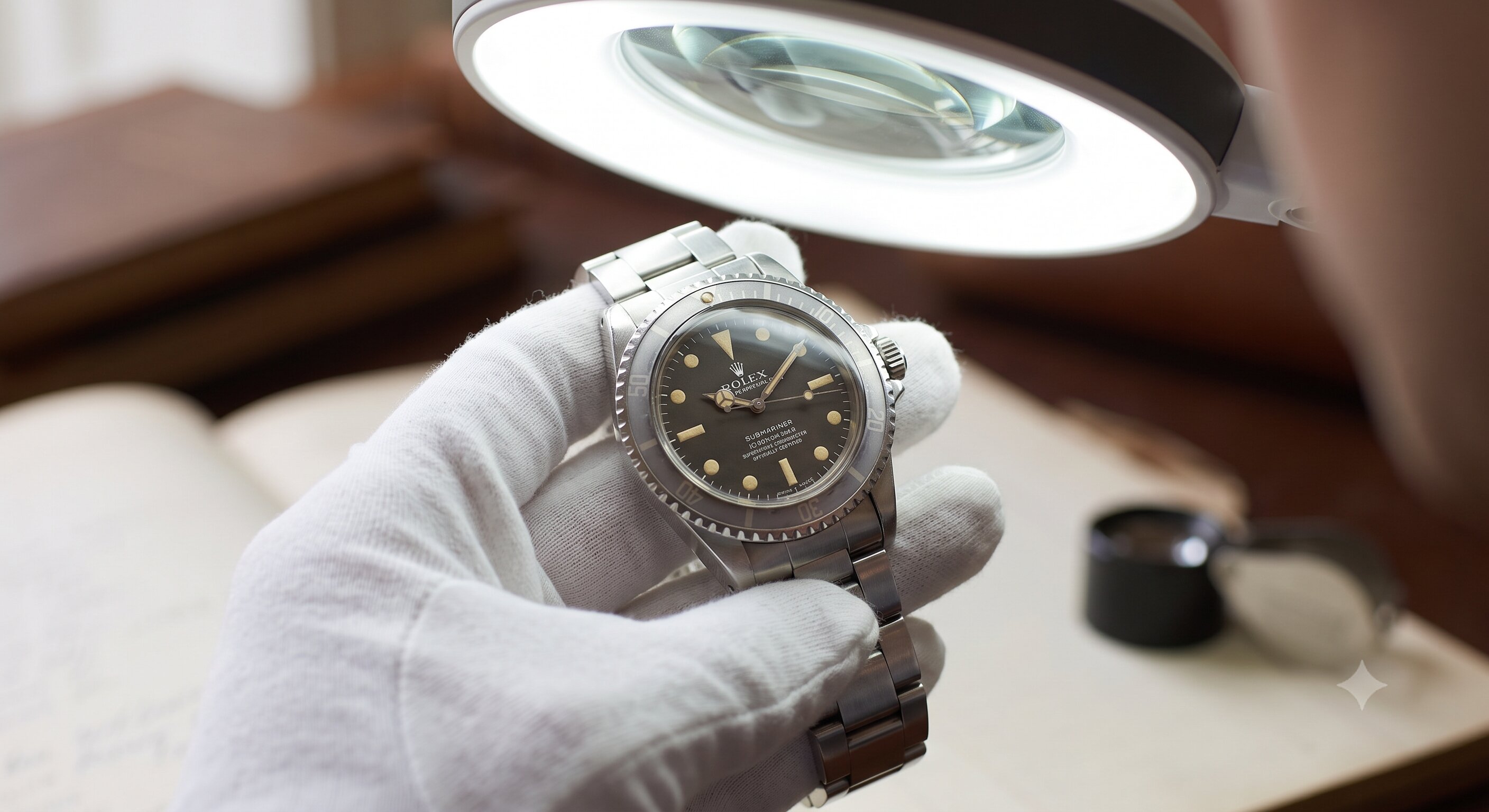 Specialist inspecting a vintage Rolex