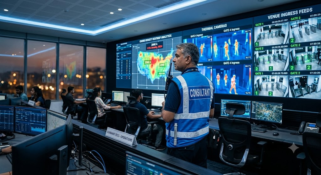 Venue Operations Centre VOC command hub with multi-screen CCTV monitoring system