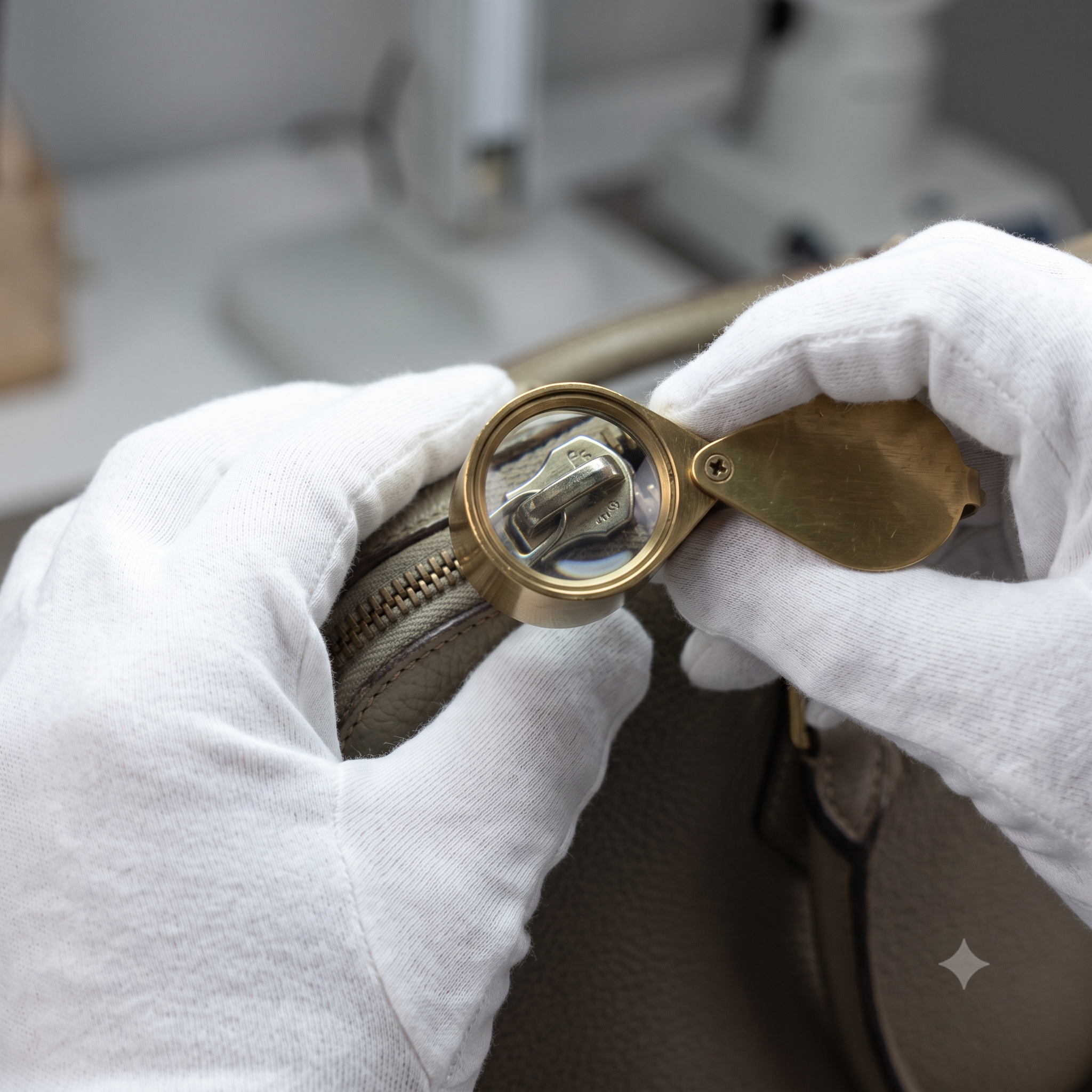 Master appraiser inspecting microscopic luxury handbag hardware engravings under loupe