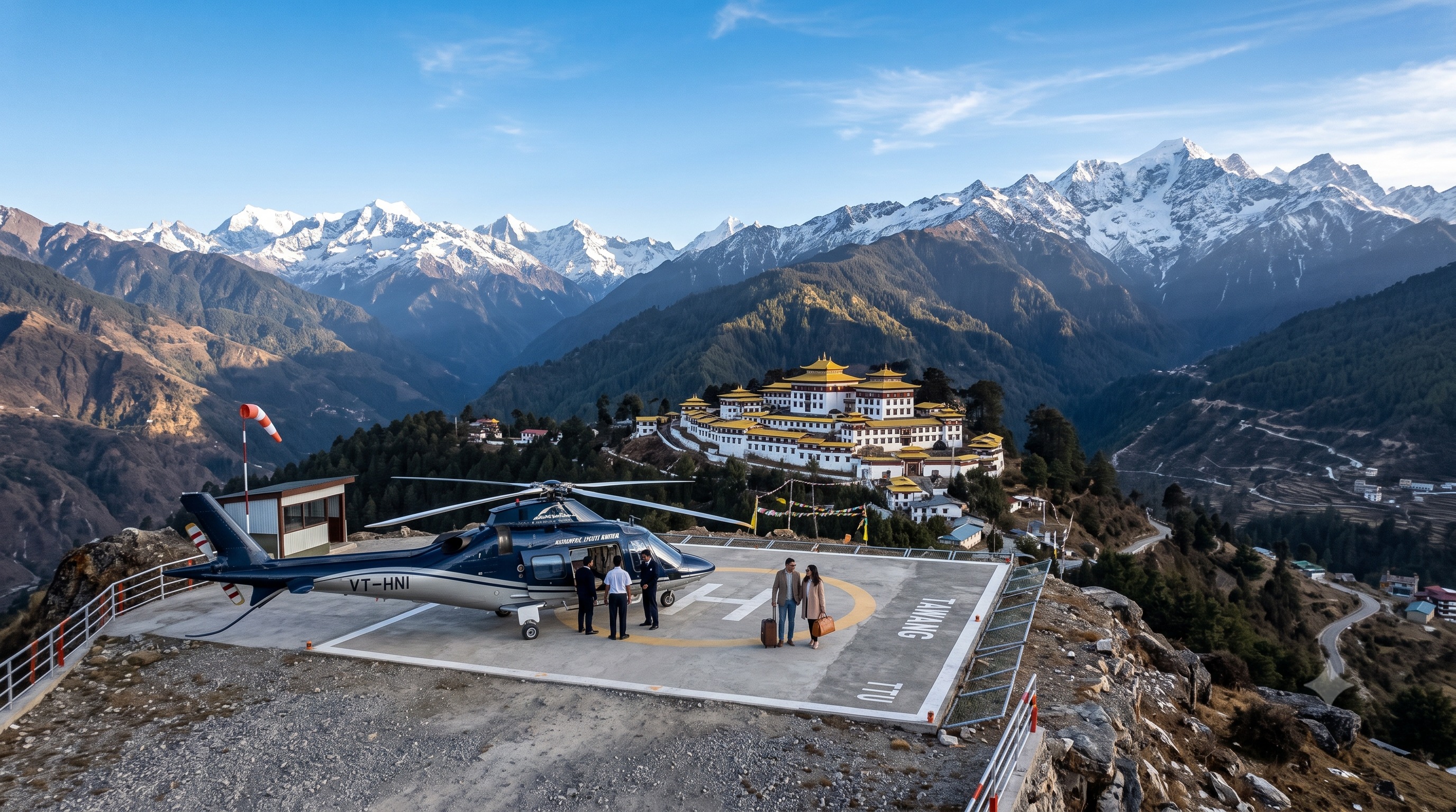 Private chartered helicopter crossing Himalayan peaks toward Tawang Monastery
