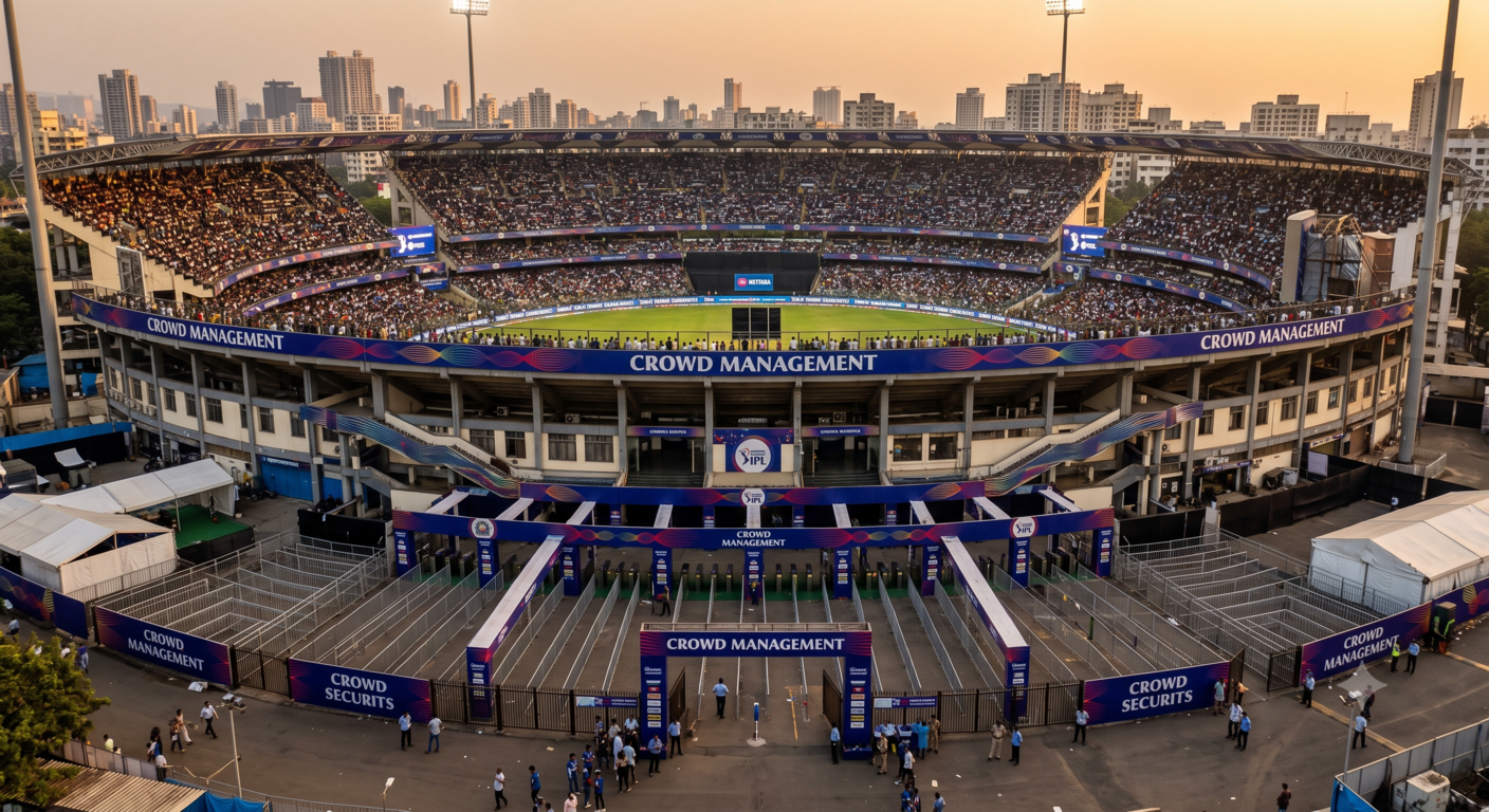Large-scale stadium ingress management at dusk in Guwahati