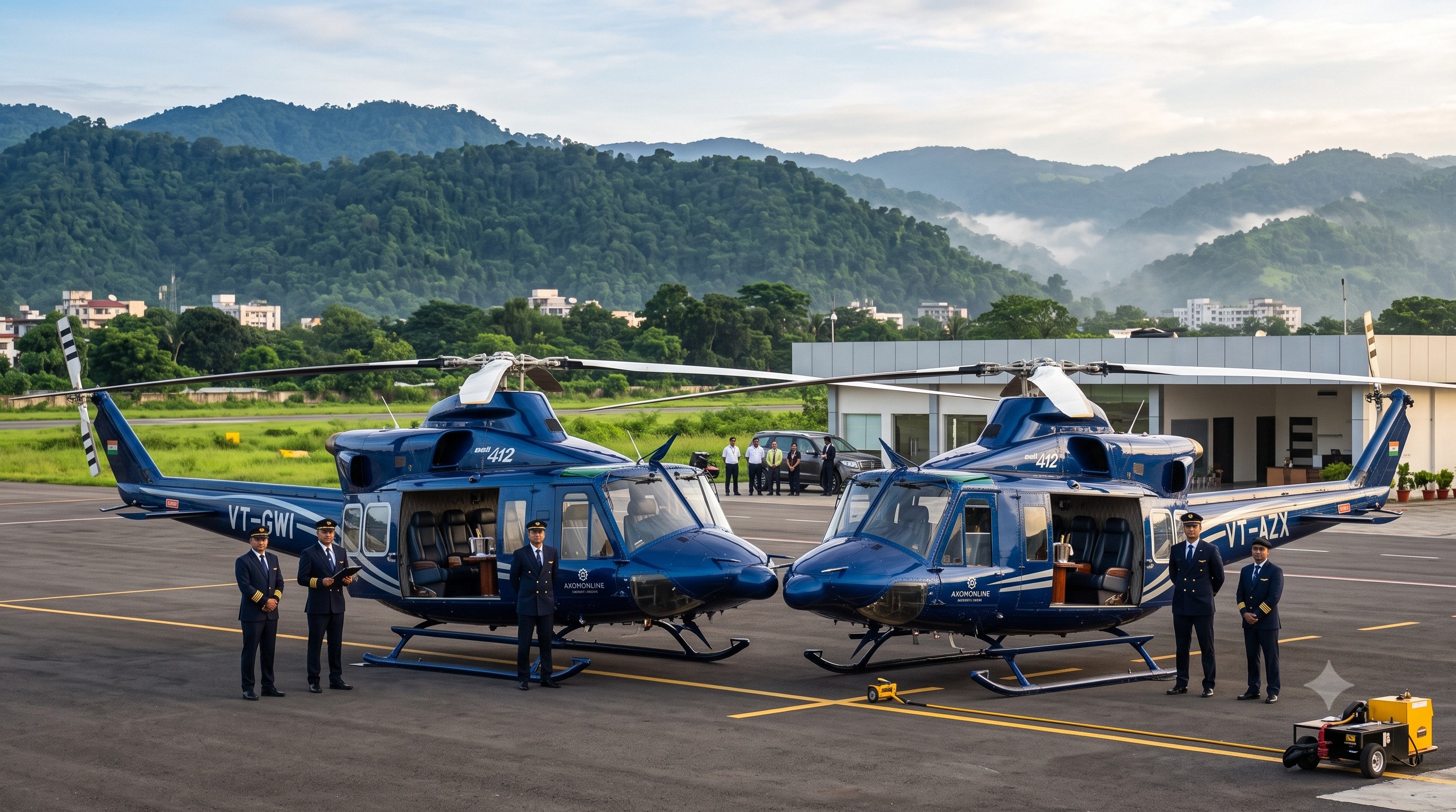 Bell 412 twin-engine executive helicopter on a Northeast India helipad