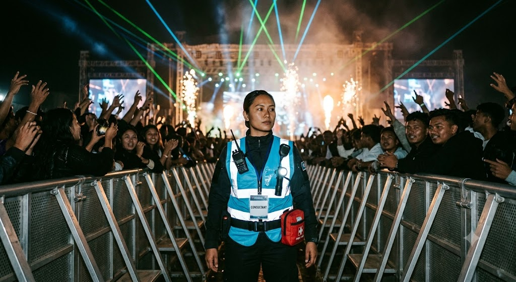 Front-of-stage safety barrier crowd control operations at mega music festival