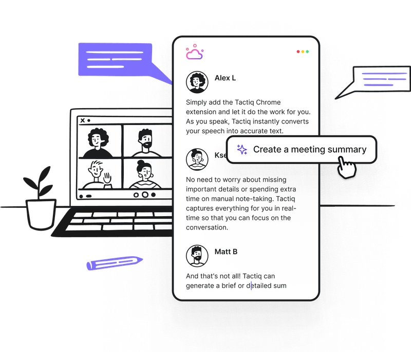 AI-powered meeting transcription interface showing real-time notes and summaries